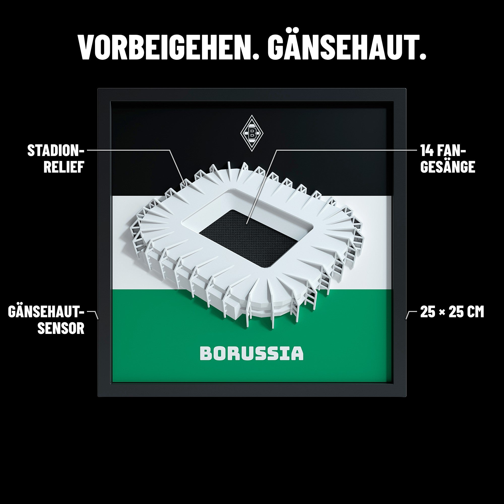 Gladbach FanBox Features: Stadion-Relief, 14 Fan-Gesänge, Gänsehaut-Sensor, 25 × 25 cm