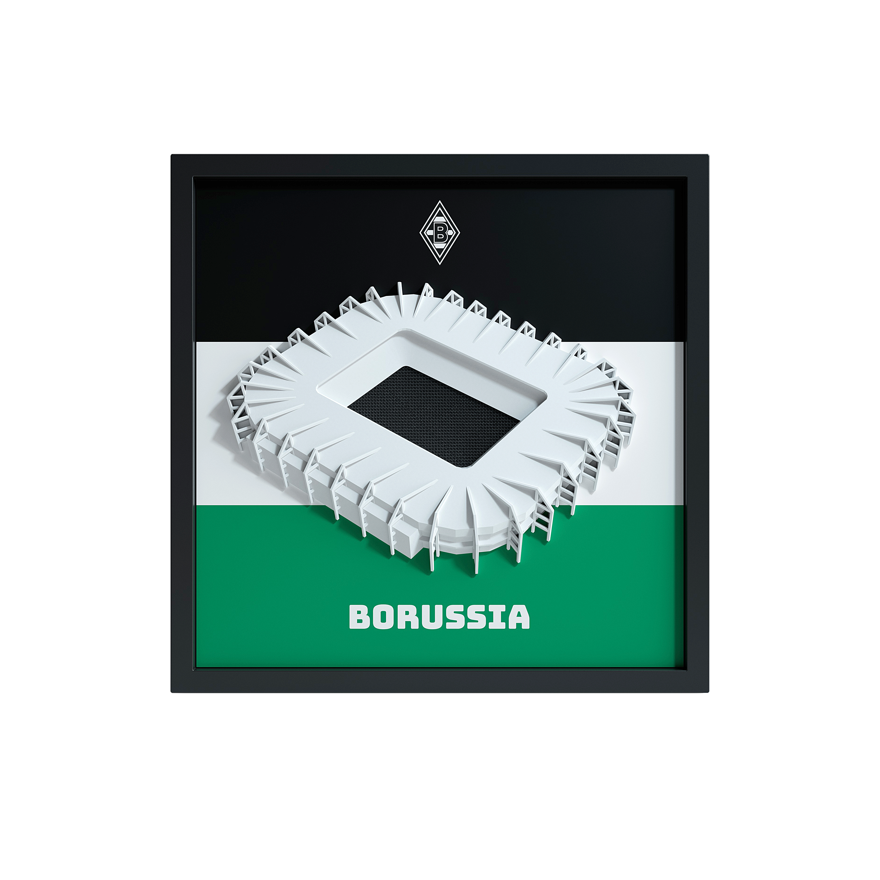 Borussia Mönchengladbach FanBox Frontansicht – Borussia-Park als 3D-Relief mit Vereinswappen