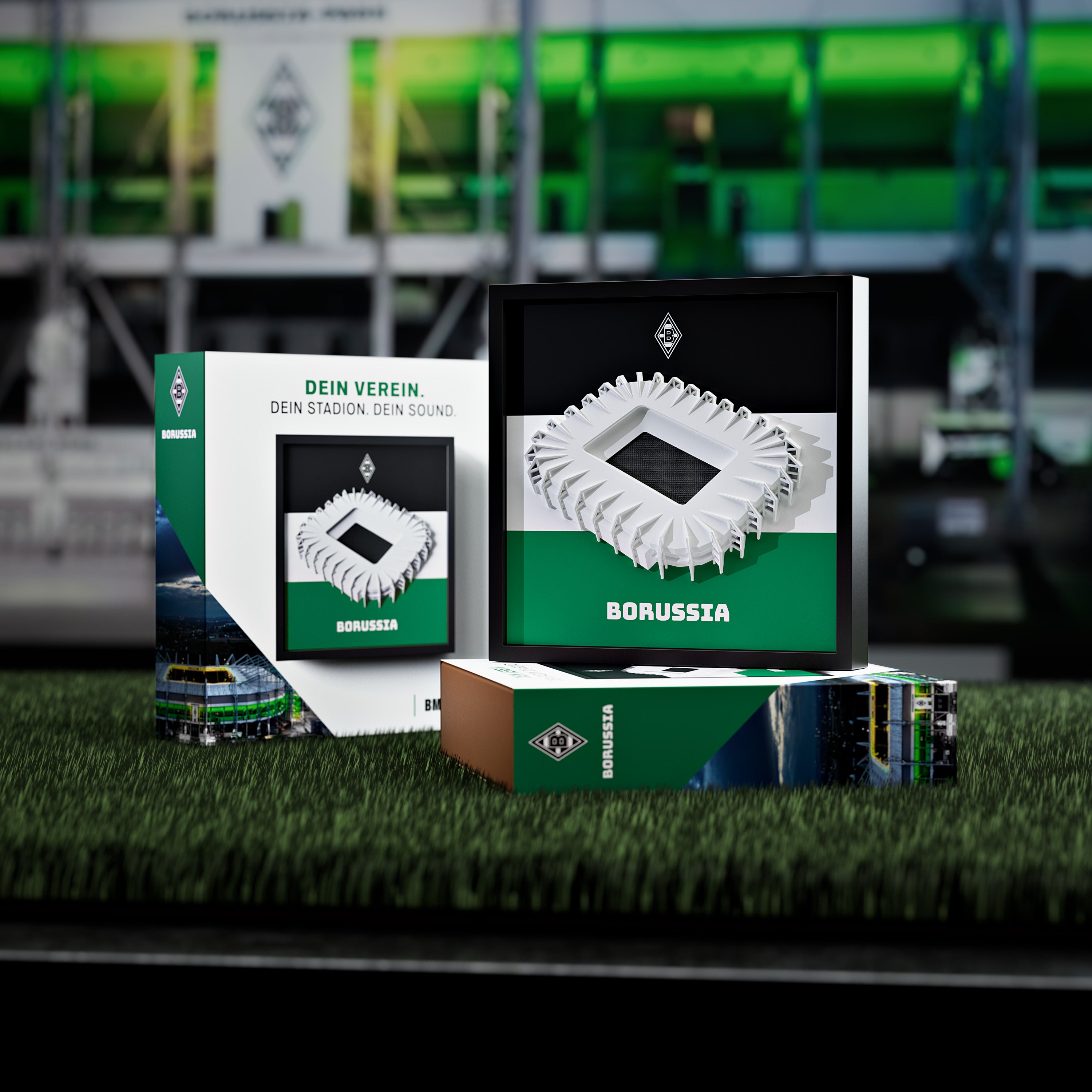 Gladbach FanBox auf der Geschenkverpackung, Stimmungsbild mit Stadionkulisse