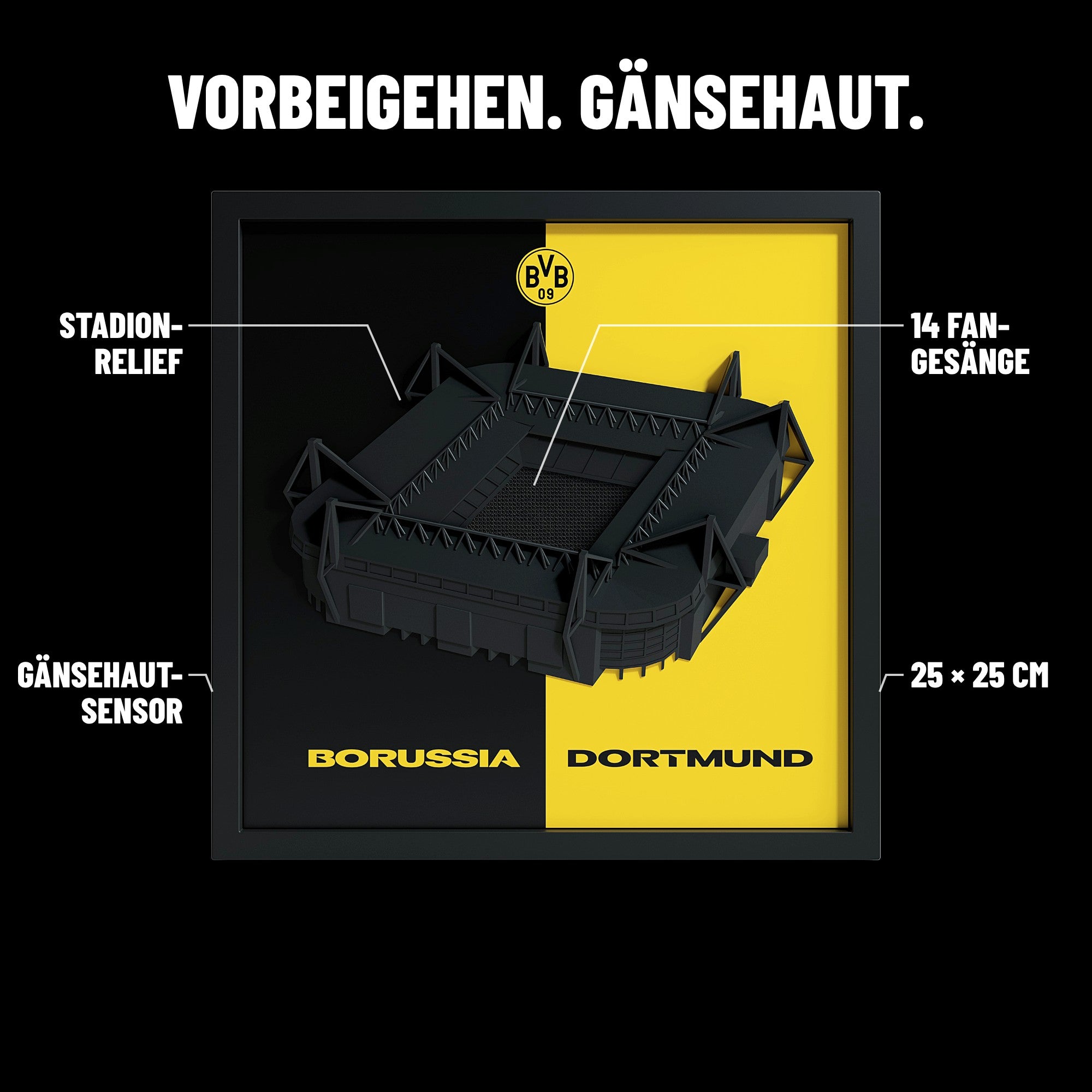 BVB FanBox Features: Stadion-Relief, 14 Fan-Gesänge, Gänsehaut-Sensor, 25 × 25 cm