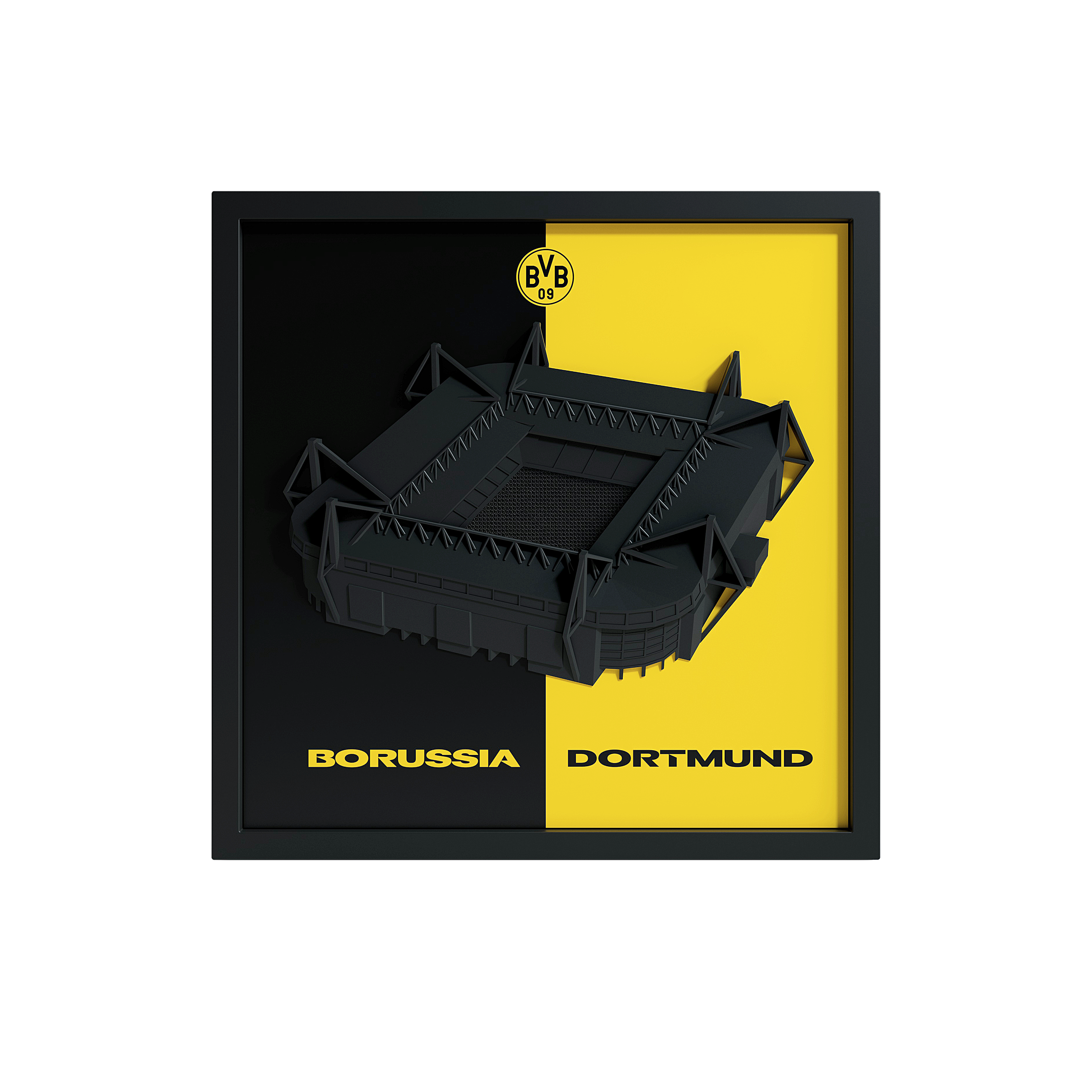 BVB FanBox Frontansicht – Signal Iduna Park als 3D-Relief mit Vereinswappen