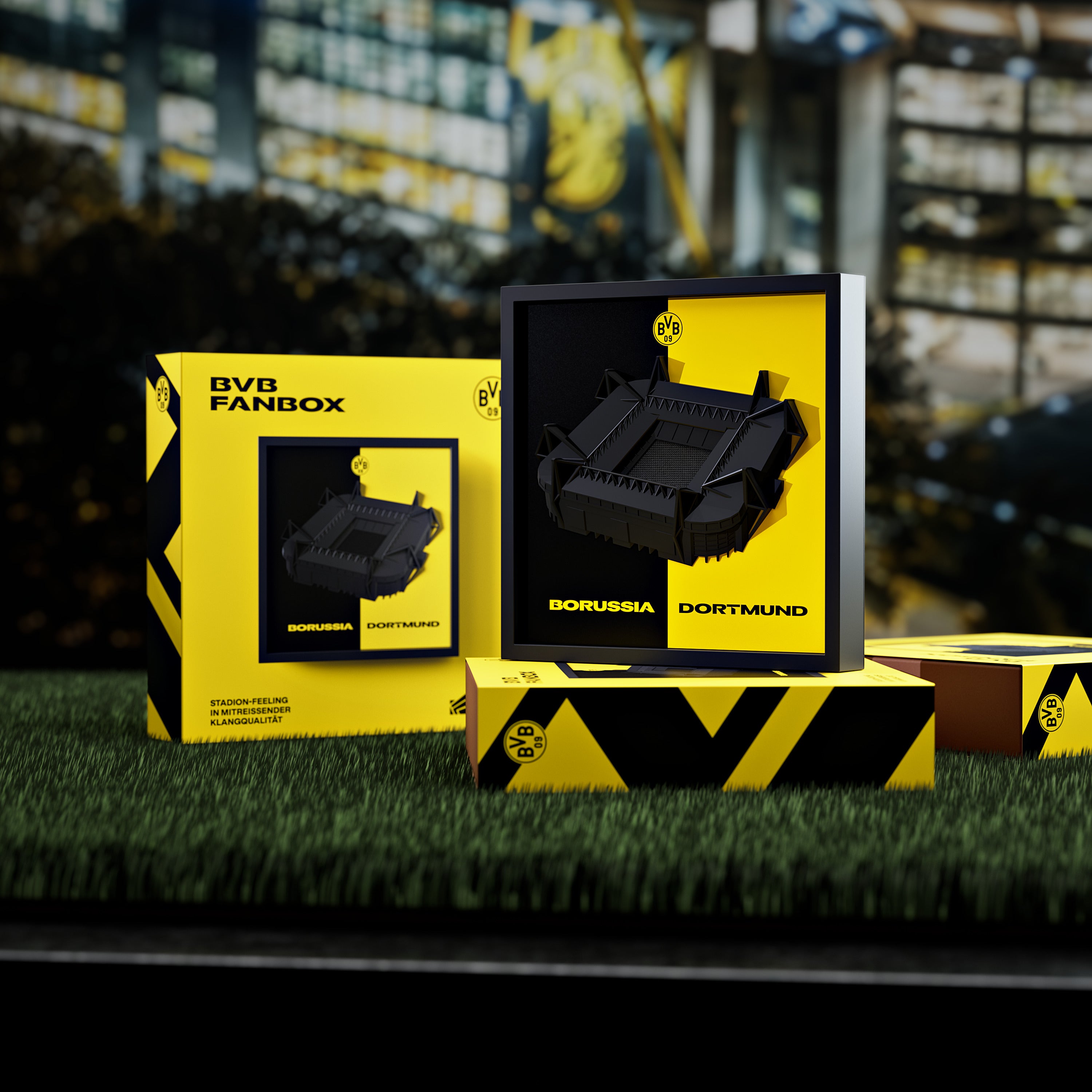 BVB FanBox auf der Geschenkverpackung, Stimmungsbild mit Stadionkulisse