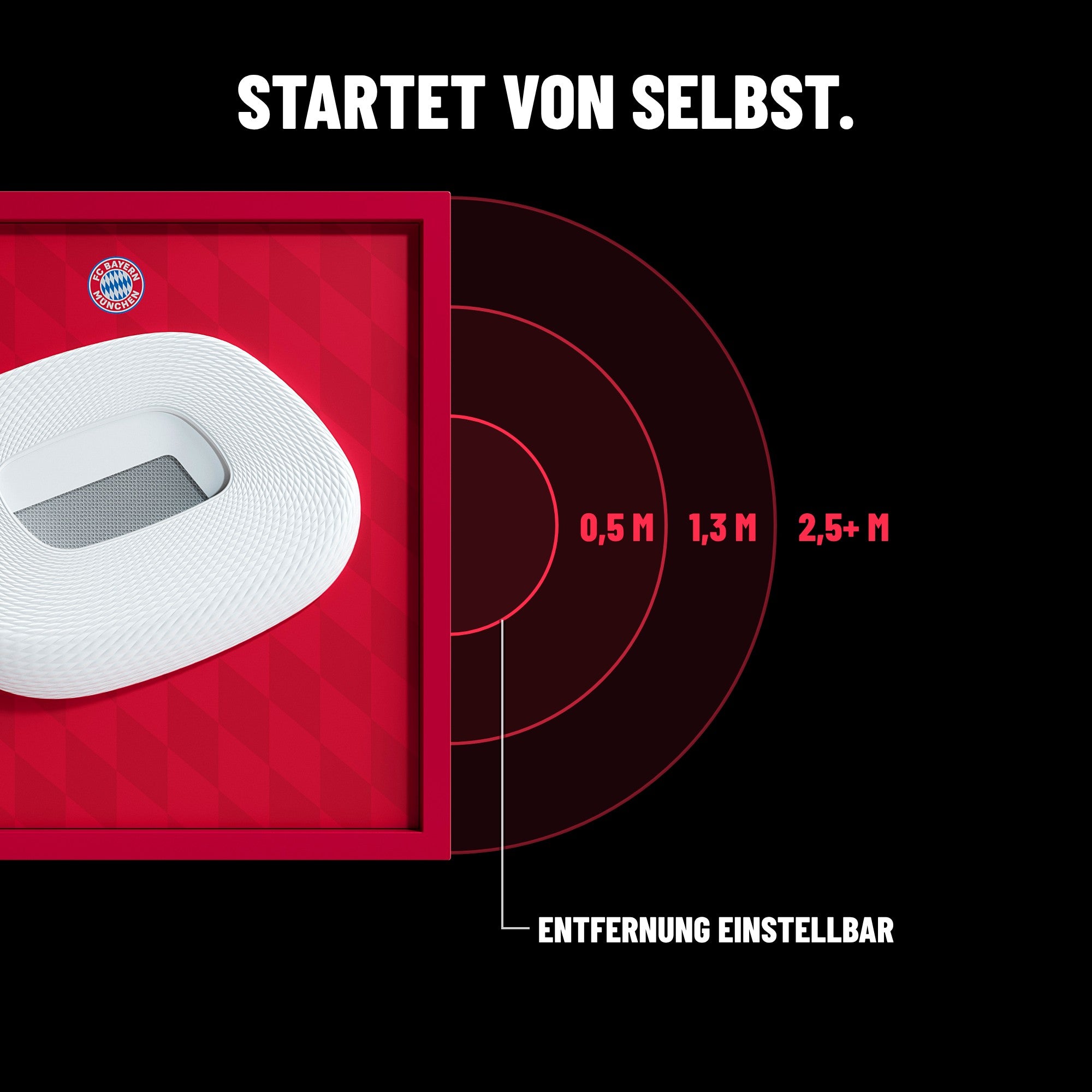 FC Bayern FanBox Gänsehaut-Sensor: startet von selbst, Entfernung einstellbar (0,5 m, 1,3 m, 2,5+ m)