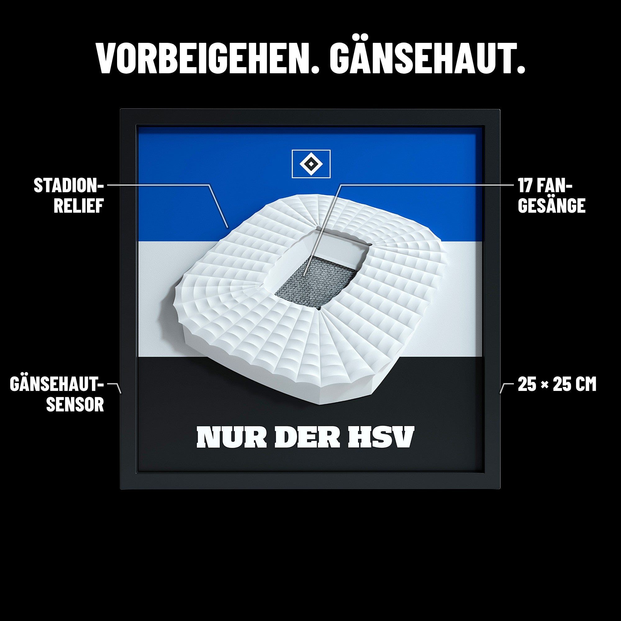 HSV FanBox Features: Stadion-Relief, 17 Fan-Gesänge, Gänsehaut-Sensor, 25 × 25 cm