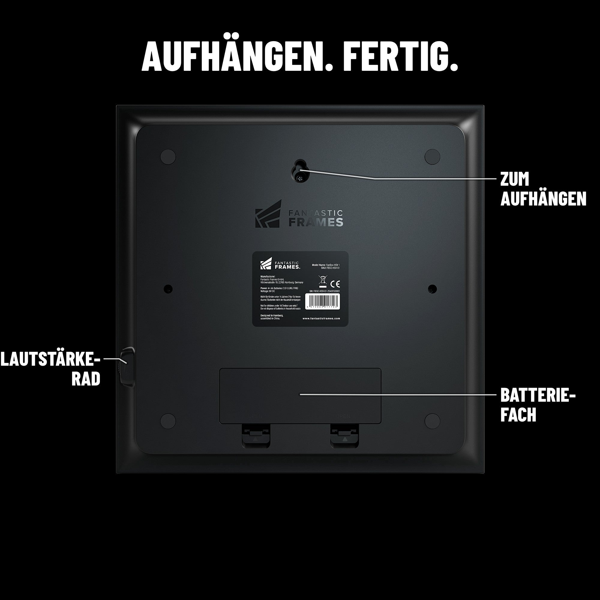 HSV FanBox Rückseite mit Wandaufhängung, Batteriefach und Lautstärkerad