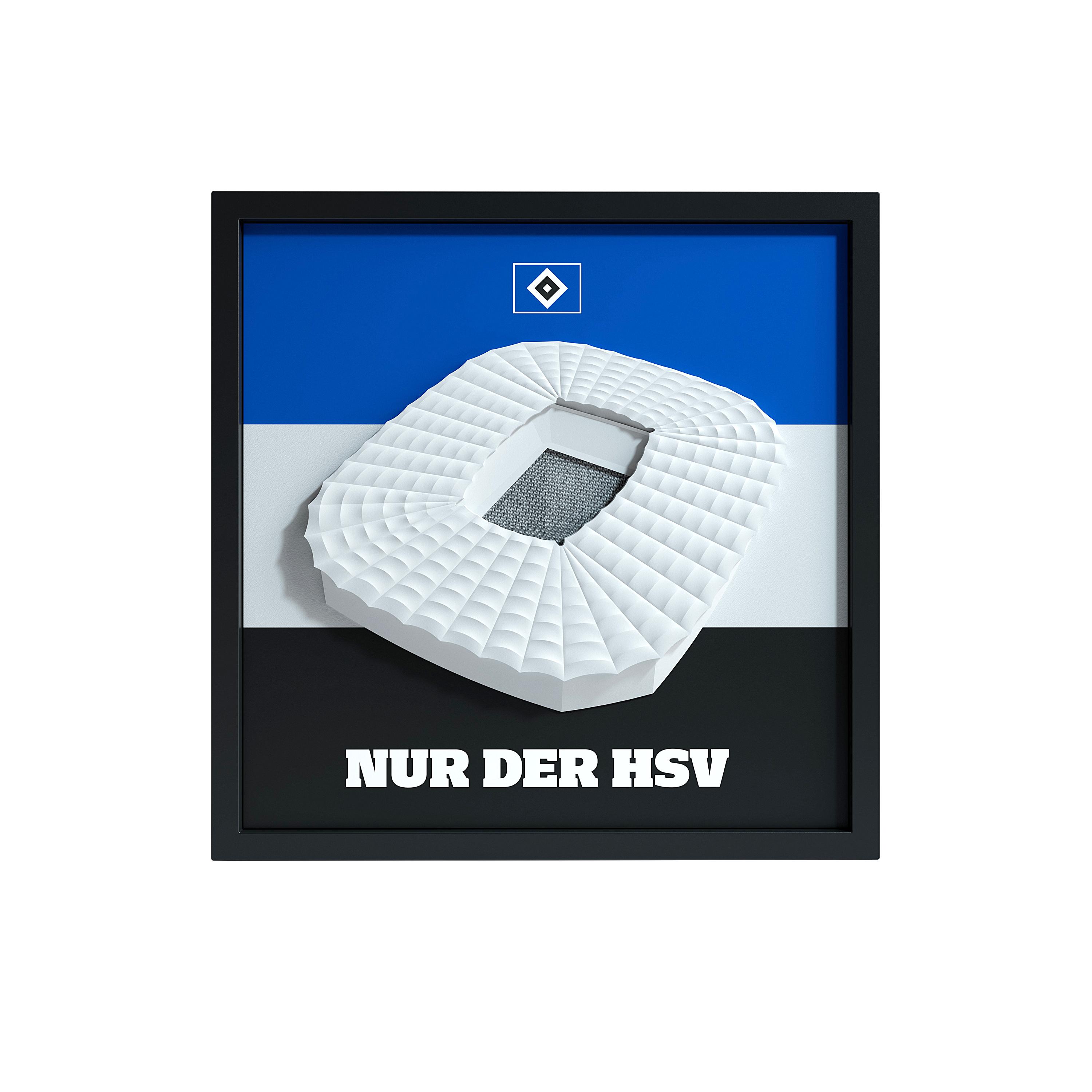 HSV FanBox Frontansicht – Volksparkstadion als 3D-Relief mit Vereinswappen