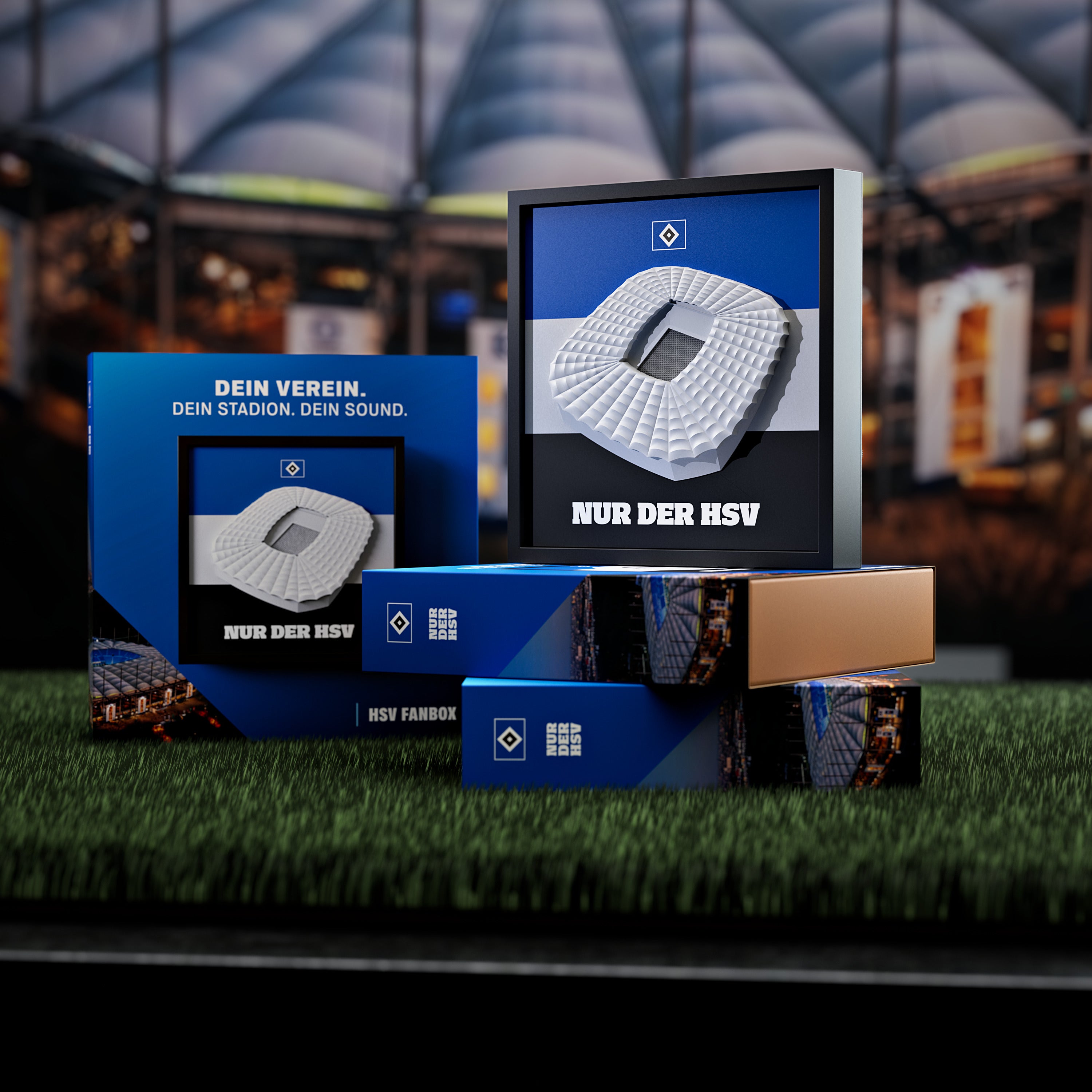 HSV FanBox auf der Geschenkverpackung, Stimmungsbild im Volksparkstadion