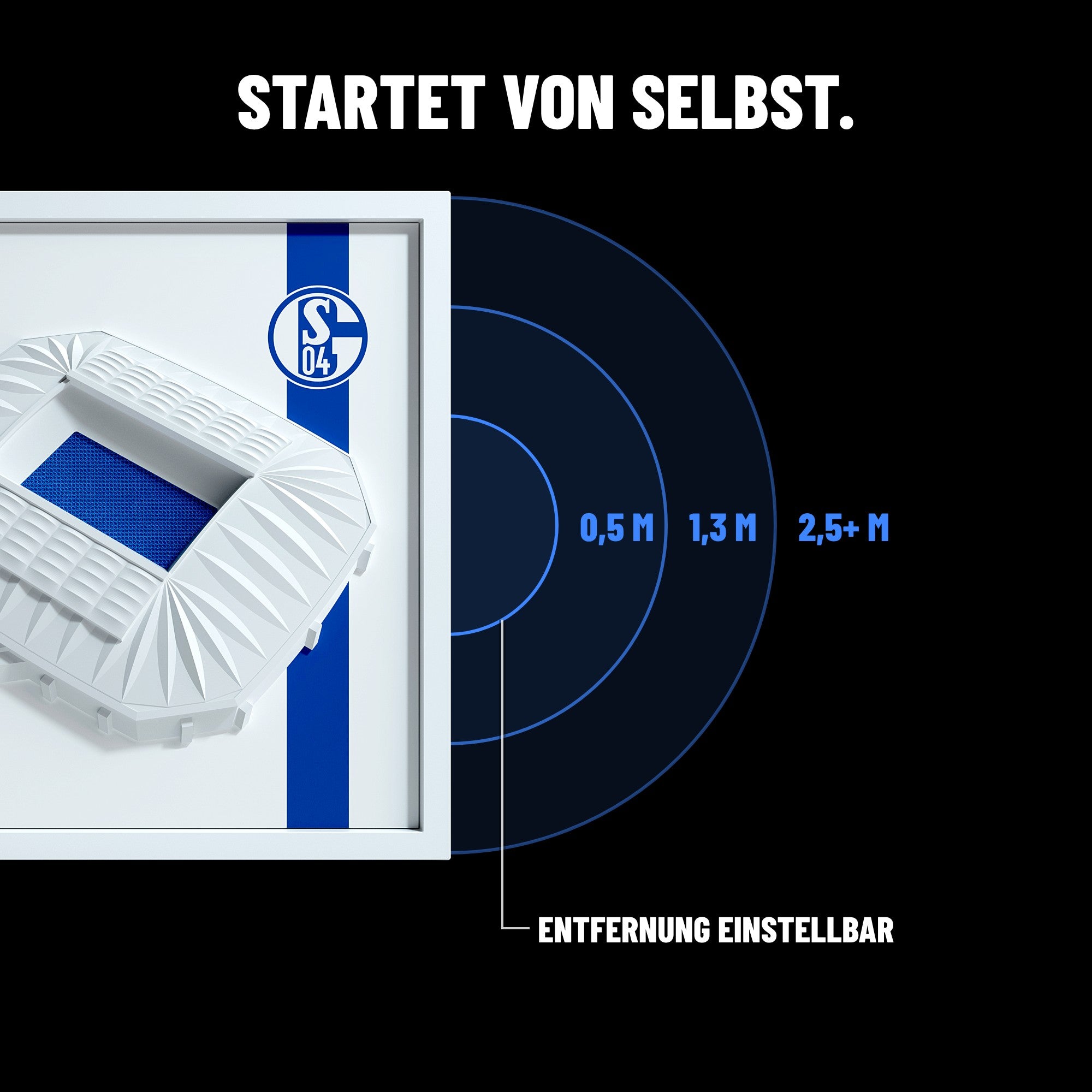 Schalke 04 FanBox Gänsehaut-Sensor: startet von selbst, Entfernung einstellbar (0,5 m, 1,3 m, 2,5+ m)