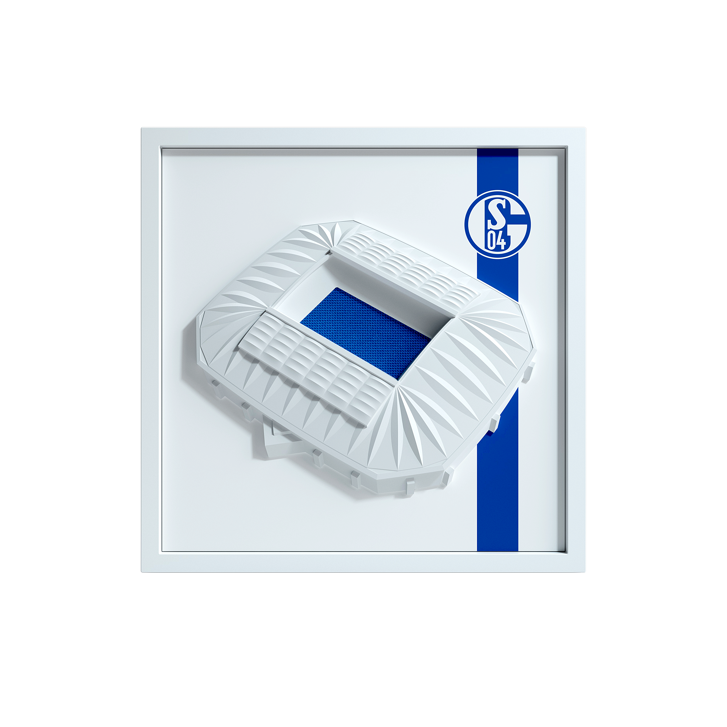 Schalke 04 FanBox Frontansicht – Veltins-Arena als 3D-Relief mit Vereinswappen