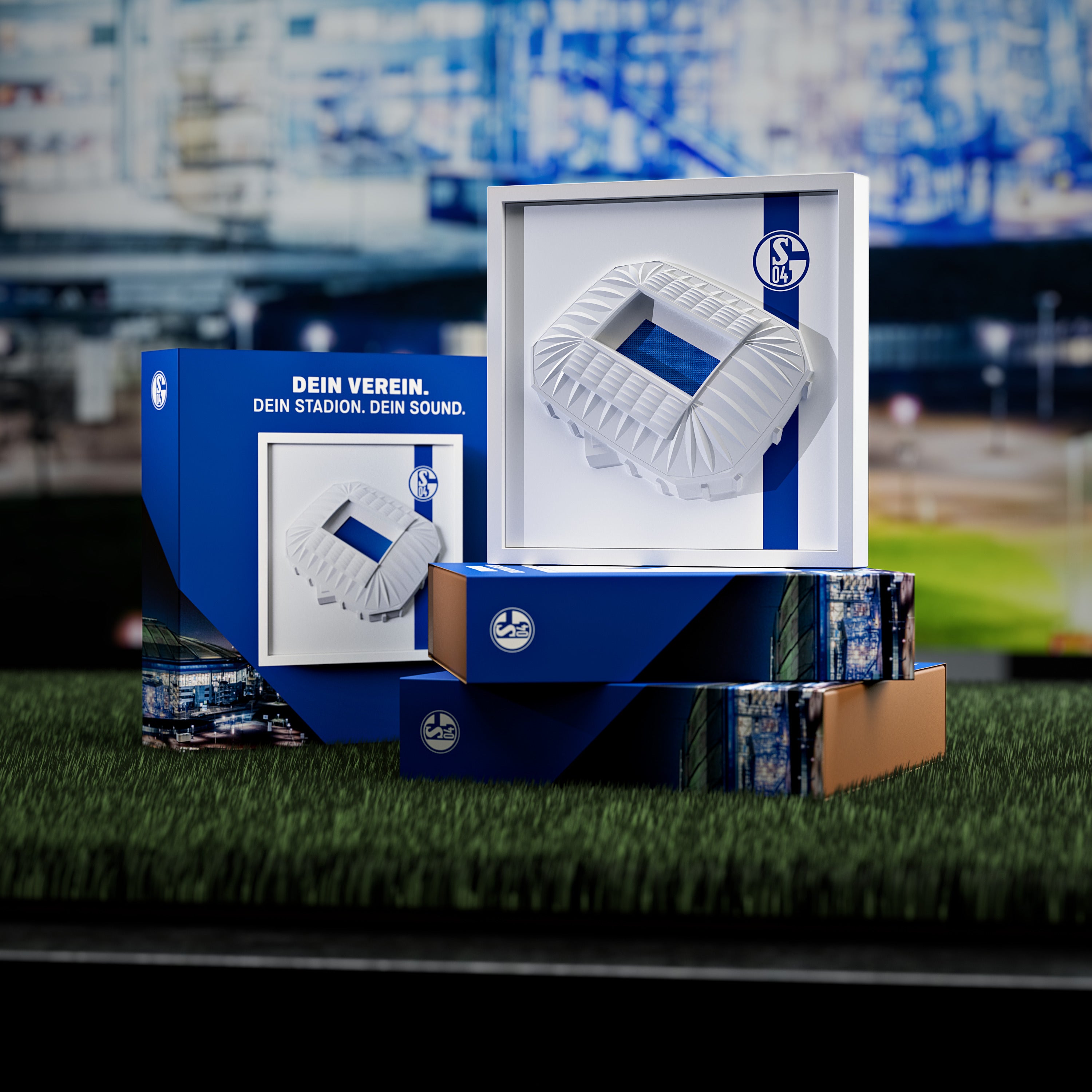 Schalke 04 FanBox auf der Geschenkverpackung, Stimmungsbild mit Stadionkulisse